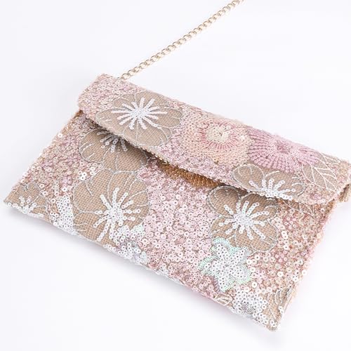 Image of Clutch Purses for Women, Envelope Package, Sequin Embroidered Flowers Straw Bag, Bohemian Handmade Handbags