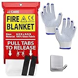 JJ CARE Fire Blanket – (X-Large) 6.5x6.5ft w/Hooks & Gloves, Emergency Fire Blanket for Home & Kitchen, High Heat Resistant Fire Suppression Blankets for Home Safety, Kitchen, Camping