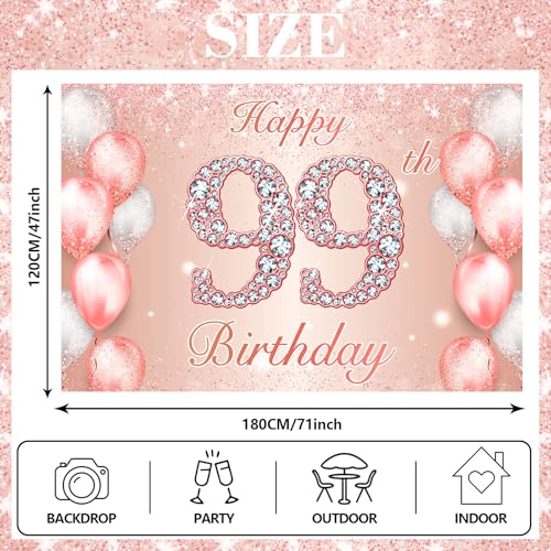 Image of Happy 99th Birthday Rose Gold Banner Cheers to 99 Years Old Backdrop Confetti Balloons Theme Decor for Women 99 Years Old Pink Birthday Party Decorations Bday Supplies Background Favors Gift Glitter