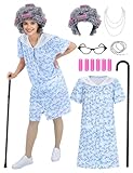 Ccfurwo Adult Old Lady Costume for Women 100 Days of School Costumes Grandma Dress for Halloween Old Lady Cosplay Blue CF002BL