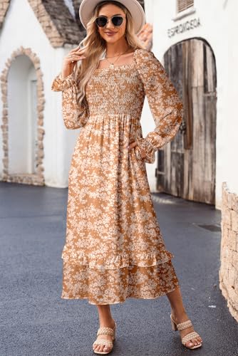 Dokotoo Boho Dresses for Women 2025 Casual Floral Square Neck Long Sleeve Smocked Elastic Waist Tiered Ruffle Hem Maxi Dress4