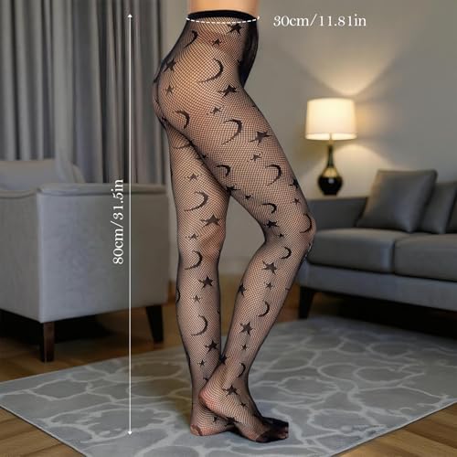 Funky Tights, Star And Moon Shape Tights Fishnets Cute Patterned Tight Stockings Lace Tight Lace Leggings Pantyhose Gothic Tightes Fishnet Leggings Fish Nets Legging for Women Girl (Black)2