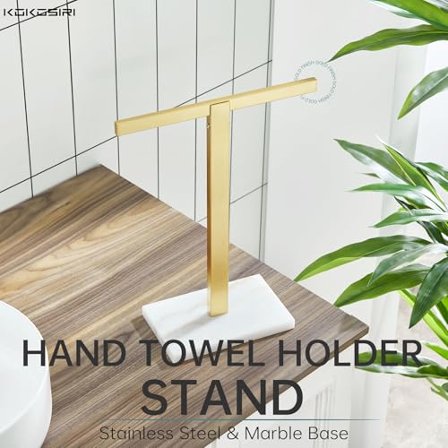 Image of KOKOSIRI Hand Towel Holder Stand Towel Rack with Marble Base for Bathroom Kitchen Vanity Countertop, Gold Stainless Steel 15.7'' Height THS0002-SM-BG