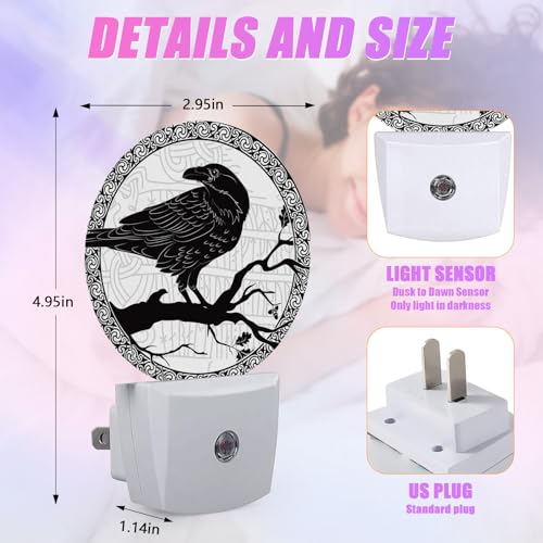 Image of Crow Night Light Black Bird Night Lights LED Lamp Round Plug into Wall Nightlight with Dusk to Dawn Sensor Home Hallway Stairway Kitchen Decor