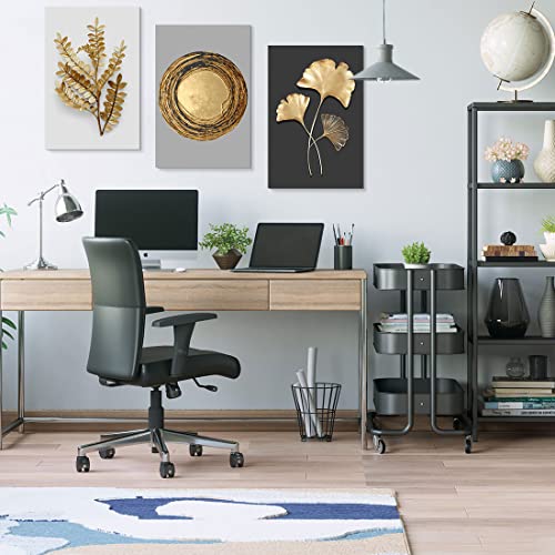 Large Modern Gold Ginkgo Biloba Leaf Wall Art Decor, Vintage Golden Record Artwork Grey Black Background Canvas Print Paintings For Living Room Bedroom Home Decoration 16"X 24" 3 Pieces Framed #TOP4