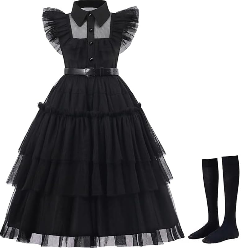 Girls Black Gothic Dress Halloween Party Casual Dresses 3-13 Years2