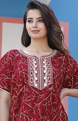 Image of DIAMO Pure Cotton Embroidery Nighty for Women, Cotton Night Gown, Night Maxi Gown, Cotton Nighty with a Pocket and Adjustable Knot