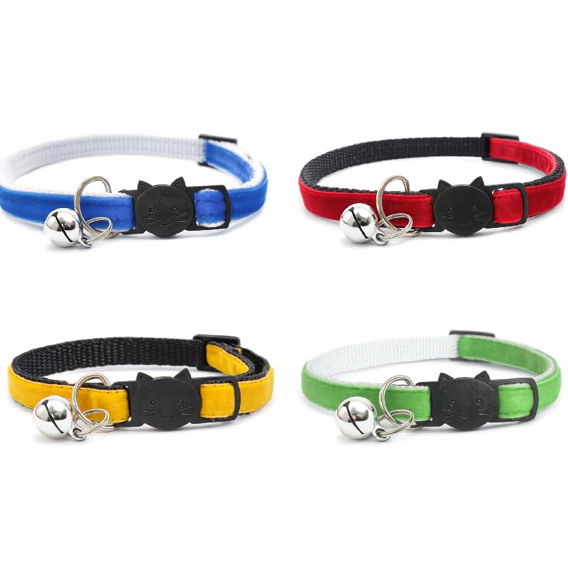 Velvet Cat Collars with Bell. Safe Quick Release Breakaway Buckle | Zacal Cat Collars (Pack of 3) (Mustard + Red + Apple Green + Royal Blue, Pack of 4)