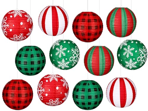 Bencailor 12 Pcs Christmas Hanging Paper Lanterns Set Decorative Christmas Party Lanterns Round Hanging Lamps for Xmas Home Decoration Supplies Props Graduation Holiday Decor(Snowflake, 12 Inch)