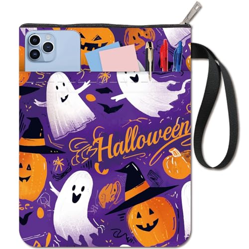 CRASPIRE Custodia per Libri Fantasma Zucca di Halloween Protettore per Libri Copertine per Libri in Brossura Copertina per Libri in Tessuto Lavabile con Cerniera e Tasca Extra sulla Manica