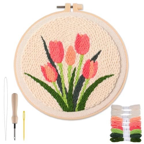 Punch Needle Kit Adults Beginner- Step-by-Step Guide & Video Including Punch Needle Fabric with Pattern/Hoop/Needle/Yarns Spring Embroidery Craft Kits Easy Hobby Gifts for Women Tulip