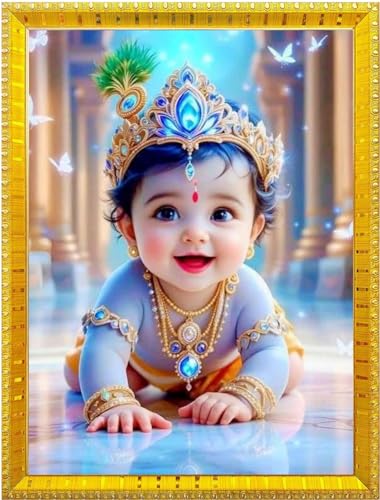 Image of DIVARTH Baby Krishna Picture for Pregnant Women (With Frame) Spiritual Kanha Ji Wood Wall Poster for Home Temple Decor, Framed Art Gift for Room Decoration 10x13 (Golden)