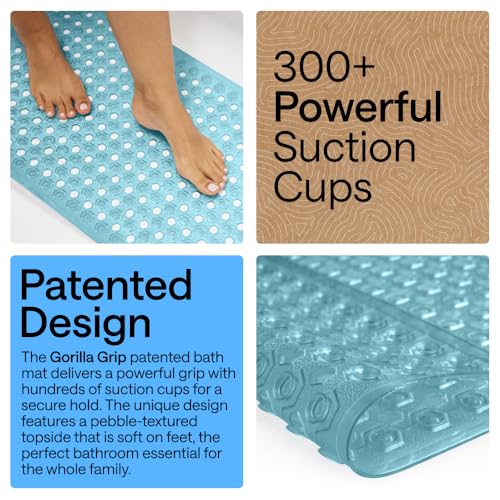 Image of GORILLA GRIP Patented Bath Tub Shower Mat, Machine Washable Bathtub Floor Liner Mats, Suction Cups and Drain Holes to Keep Tubs Clean, Soft on Feet, Bathroom Essentials, 35x16 Inch, Clear Turquoise
