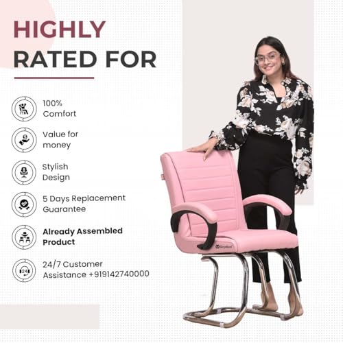 Image of GOYALSON Home Exclusive Visitor Study Reception Chair with Arm Rest and Heavy Frame with Cushioned Seat Back Chair (1, Pink, Double Pipe Chrome Frame)