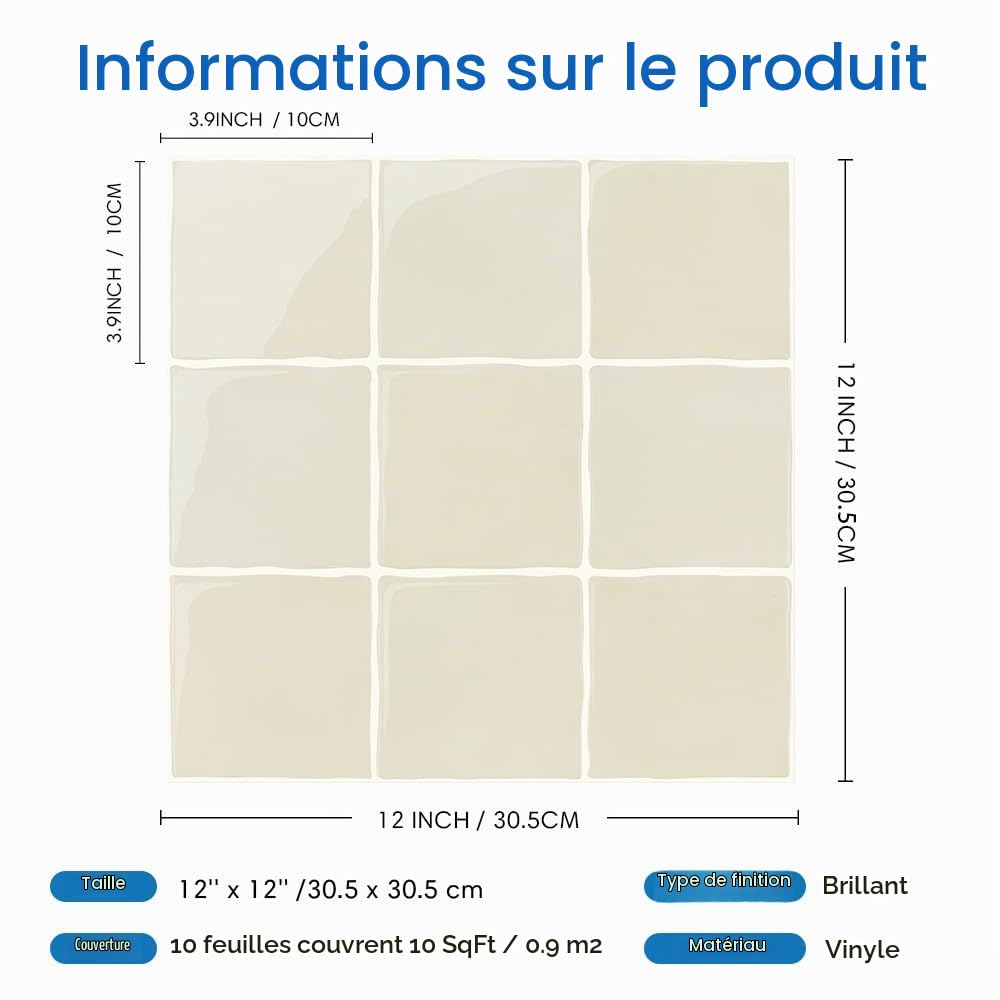 COMSTICKC Plus épais Credence Adhésif pour Cuisine Salle de Bain, 10 Pièces, Beige Carrelage Adhesif Mural, Carrelage Autocollant Métro, imperméable, 30,5x30,5cm
