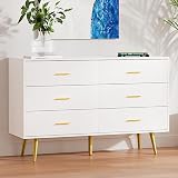 LYNSOM White Dresser for Bedroom, Modern 6 Drawer Dresser with Gold Handles, Wood Chest of Drawers f
