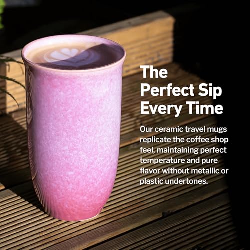 Image of NOVA CERAMICS Coffee Travel Mug - Cup Holder Friendly Travel Mug- Microwave & Dishwasher Safe White & Purple Tumbler - Coffee Mug Fits In Cup Holder - 16oz - Astral Bloom