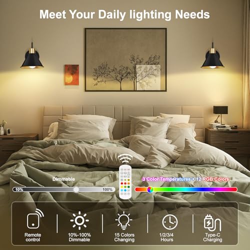 Image of Frideko Rechargeable Wall Sconces Set of Two with Remote, RGB 15 Colors Dimmable Battery Operated Wall Lights for Living Room Bedroom, Indoor Black Wall Lamp with Timer Wireless