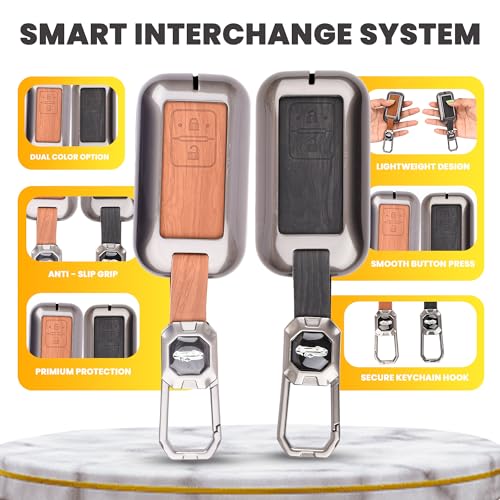 Image of Car Key Cover Compatible with Maruti Suzuki jimny Baleno Grand Vitara XL6 Swift New Brezza 2022 Ertiga Dzire 2-Button Smart Key (Dual Leather Metal (Black & Brown))