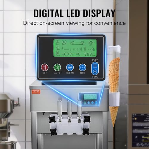VEVOR Kommerzielle Eismaschine, 1800 W, 3-Geschmacksrichtungen, Softeismaschine Arbeitsplatte, 2 x 4 L Trichter, 2 x 1,8 L Zylinder, LCD-Bildschirm, Automatische Reinigung, Vorkühlung – Bild 6