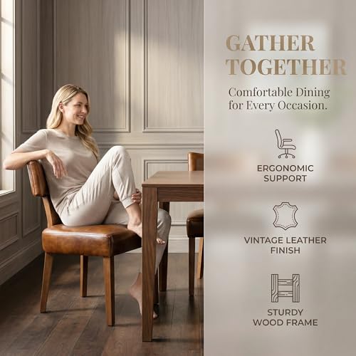Image of HNY Century Modern Dining Chairs Set of 4, Farmhouse PU Leather Upholstered Accent Chair Curved Backrest Kitchen Chairs, with Hardwood Frame, Brown 4PC