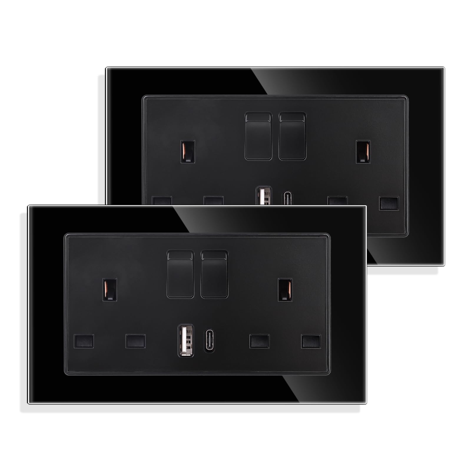 2 Pack Black Double Switched Socket 13 Amp Glass Panel with USB-A And Type-C Charging Ports Crystal Wall Outlet Electric Power Socket