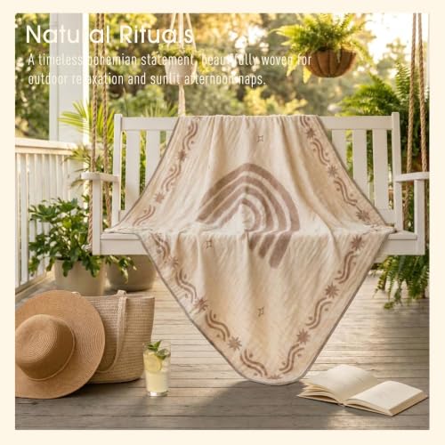 Image of Ultra Soft Muslin Baby Blanket - Made with Organic Cotton, Reversible Rainbow Print & Coffee Striped Jacquard, Swaddle & Crib Quilt, 43x43 Inches (Rainbow Border)