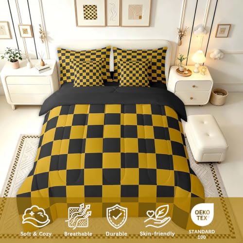 Image of Feelyou Checkered 7 Piece Bedding Set Teen Yellow Black Plaid Comforter Set with Sheets Full Size Kids Boys Cute Retro Neutral Checkerboard Geometric Bed in a Bag Vintage Aesthetic Room Decor