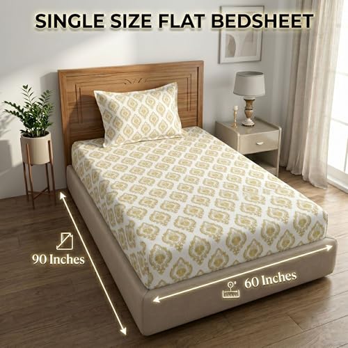 Image of Mafatlal Grace Printed Cotton Bedsheet | 186 TC | 60x90 Inch | Single Bed Size with Modern Look | Lightweight & Cozy Feel Fabric | Soft Yellow