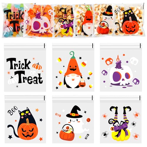 FOIMAS 300pcs Halloween Cellophane Treat Bags Self Adhesive Halloween Candy Cookie Bag Plastic Goodie Bags for Trick or Treat Party Favor Supply