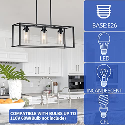Kitchen Island Lighting Farmhouse Chandelier 3-Light Dining Room Light Fixtures Over Table Black Pendant Lights With Clear Glass Shade, Industrial Rectangle Chandelier For Dining Room Kitchen Island #TOP2