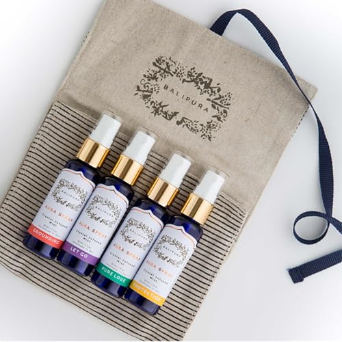 BALIPURA - Aura Healing Spray Mist - angereichert mit Heilkristallen und organischen ätherischen Ölen - Geschenkset mit Leinentasche, 4 x 30 ml