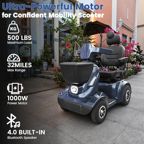 Image of 32Miles All-Terrain Heavy-Duty Mobility Scooter for Seniors &Adults | 1000W Power, Up to 15MPH, GPS tracker, 500LBS Load, Bluetooth Speaker, Full Suspension, 14 inch Tyres, No Assembly Needed