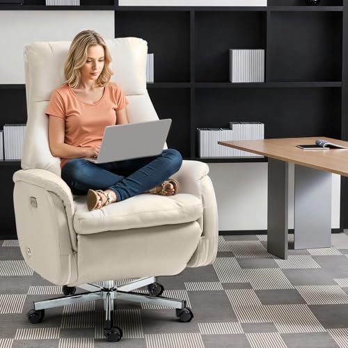 Image of ECOTOUGE Electric Office Chair with USB Charging, Recliner Executive Office Chair with Footrest, Big and Tall High-Back Desk Chair, 400LBS Weight Capacity, Microfiber, Beige