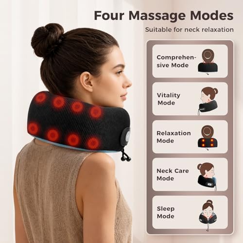 Image of Travel Neck Pillow with Massage & Heat, U-Shaped Neck Massager with 8-Point Vibration, Eye Mask and Earplugs Set - Ergonomic Memory Foam, Ideal for Travel, Office, Home