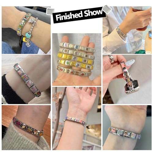 papasgix Italian Charm Bracelet Gold Silver Set with Starter Brascelet, Assorted Charms and Opening Tools, 9mm Modular Italian Charm Bracelet Links Handmade DIY Jewelry Gifts Pendant(Gold Gold)4