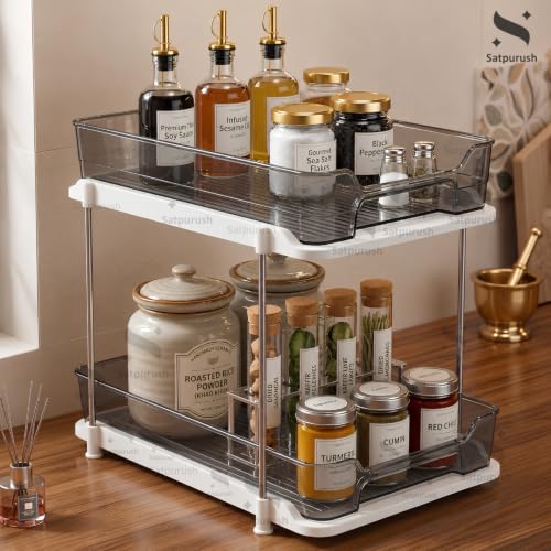 Image of Satpurush 2 Tier Kitchen Organizer Rack for Countertop, Space Saving Multipurpose Organiser with Transparent Trays for Spice Jars, Oil Bottles & Containers, (27.5 x 28 x 19 cm, Smoke Gray)