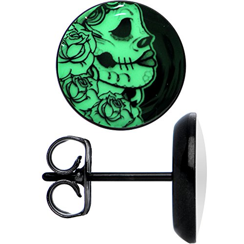 Body Candy Black Anodized Stainless Steel Post Gothic Rose Skull Glow In The Dark Stud Earrings #TOP2