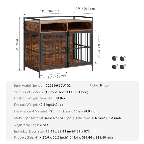 VEVOR-Furniture-Style-Dog-Crate-with-Storage-41-inch-Dog-Crate-Furniture-Large-Breed-with-Double-Doors-Wooden-Dog-Cage-for-LargeMedium-Dog-Indoor-Hold-up-to-70-lbs-Rustic-Brown