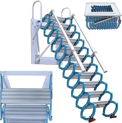 Attic Ladder Pull Down System Heavy Weight 12 Steps Ti-Mg Alloy Attic Stairs Pretty Easy to Install, 10.17FT Wall-Mounted Attic Access Ladder Sturdy and Well Built - Compact Ladder 1322 lbs