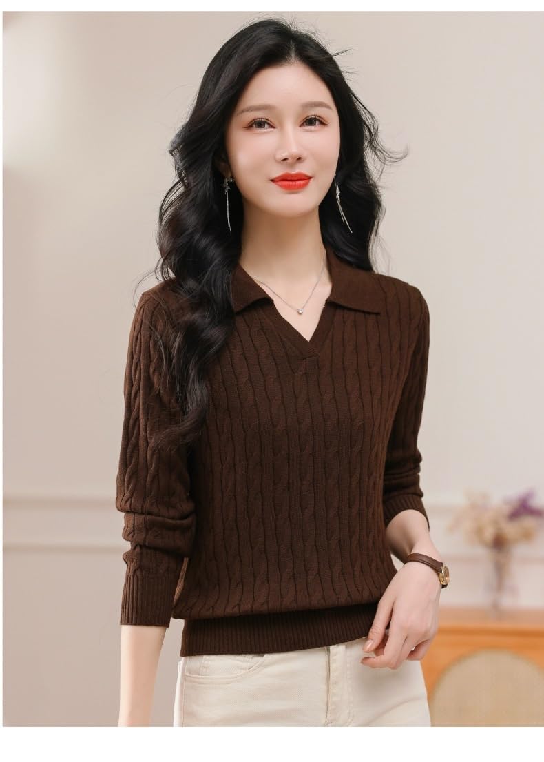Maglioni da Donna con Scollo a V, Maglione Lavorato a trecce, Pullover Casual Elegante, Top Autunno Inverno alla Moda(Brown,M)