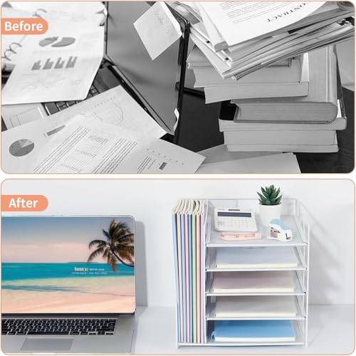 Desk Organizer with File Holder, Organisateur et Accessoire de Bureau, 5-Tier Paper Letter Tray, Mesh Desktop File Organizers, Organization and Storage for School, Home, Office (Wh image 7