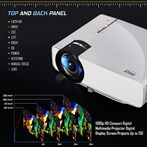 pyle portable multimedia home theater projector - compact hd 1080p high lumen led wusb hdmi 50 to 130 inch adjustable screen in your mac or pc built-in stereo speaker and remote control - pyle