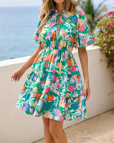 Image of BTFBM Women Summer Floral Short Dresses V Neck Short Sleeve Tiered Ruffle Boho Swing Dress A-Line Mini Dresses