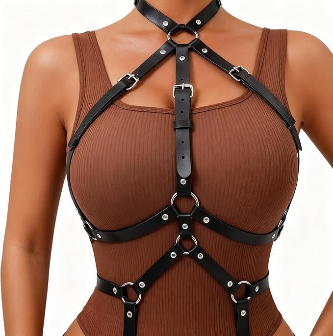 Women's Faux Leather Body Harness Set, Adjustable Chest Straps, Collar, Waist Bands, Leg Garters with Chains Sexy Women's Lingerie, BDSM Bondage Set,Sexy Lingerie for Sex, Gothic Clothing Outfit
