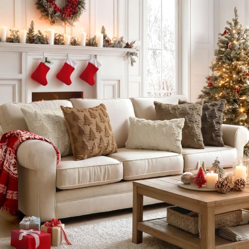 Image of MIULEE Christmas Throw Pillow Covers Brown Christmas Decorations Set of 2 Xmas Tree 18x18 Pillow Covers Soft Plush Faux Wool Pillowcases Holiday Festivals Winter Home Decor Sofa Couch Bed Porch