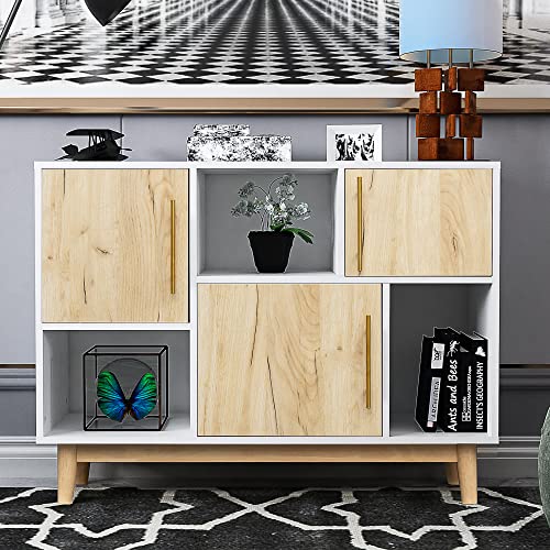 Livinest Multipurpose Wood Storage Cabinet - 3 Open Shelves And 3 Doors Modern Bookcase Organizer - Free Standing Bookshelf Sideboard Console Table For Living Room Bedroom Kitchen Oak #TOP27