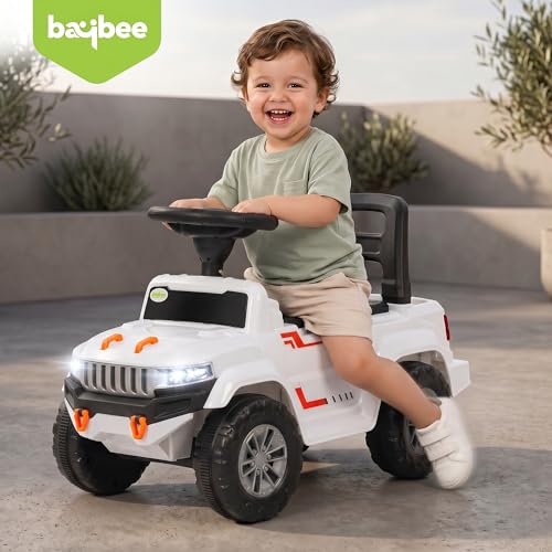 Image of Baybee Speedy Baby Ride on Car for Kids | Portable Kids Car with LED Lights, Music & Storage Basket | Push Toy Cars with High Backrest | Toddler Rideons Jeep for 1 to 3 Years Boys Girls (White)