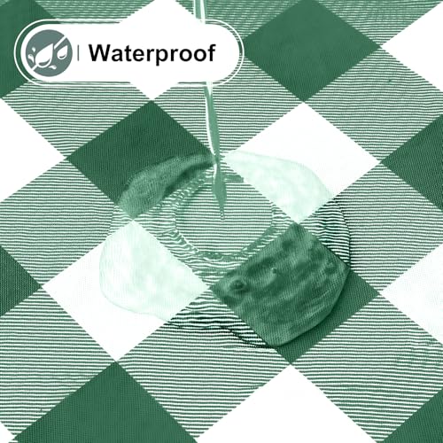 Image of misaya Round Waterproof Vinyl Table Cloth, Buffalo Flannel Backed Tablecloth, Wipeable Plastic Table Cover for Dinner, Kitchen, Picnic (60 inch, Emerald Green and White)