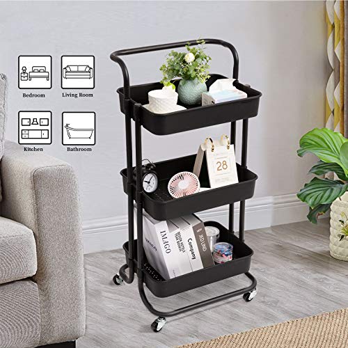 danpinera Slim Cart with Lockable Wheels & Hanging Cups & Hooks, Storage Organization Shelves for Kitchen, Bathroom, Office